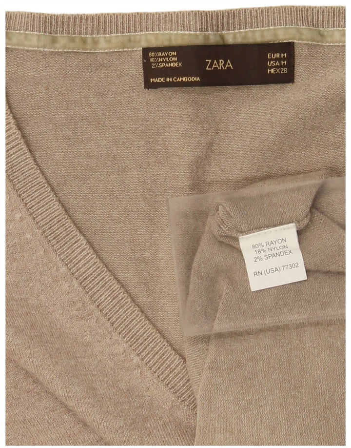 Zara - Jersey con cuello en V para mujer, talla 42, rayón beige medio