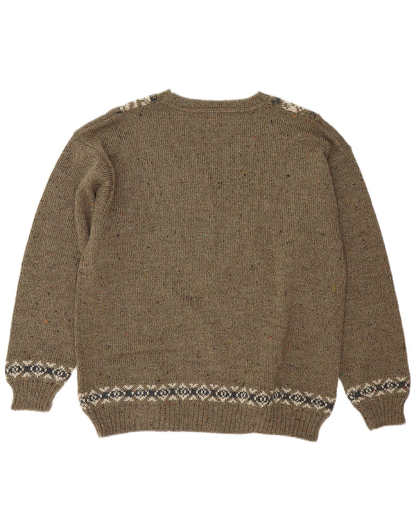 Vintage hombres V-cuello jumper suéter medio caqui Fair Isle
