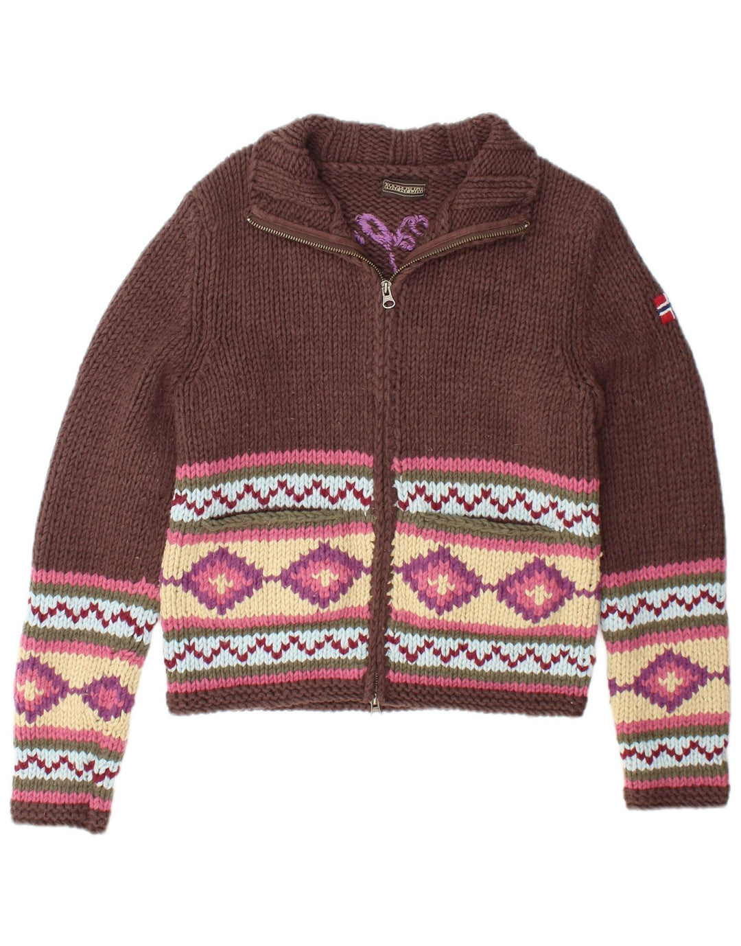 NAPAPIJRI Suéter tipo cárdigan gráfico para mujer UK 40 Marrón medio Geométrico