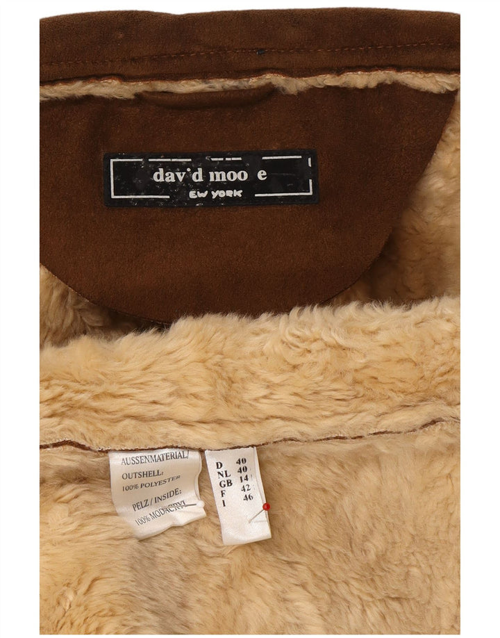 DAVID MOORE Womens Hooded Sherpa Overcoat UK 14 Large Brown Polyester