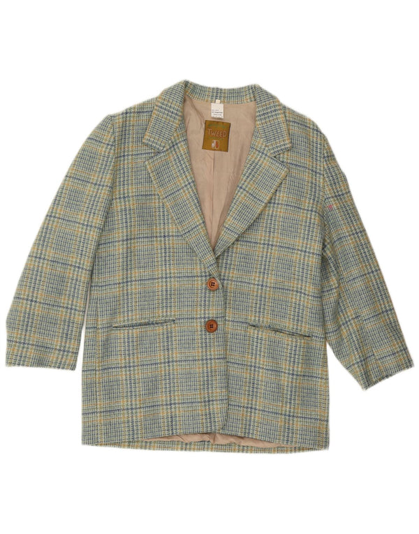 Vintage mujer 2 botones Blazer chaqueta IT 46 lana de cuadros azul grande