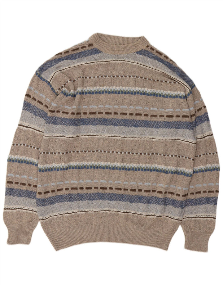 Vintage hombres cuello redondo jersey suéter grande gris geométrico
