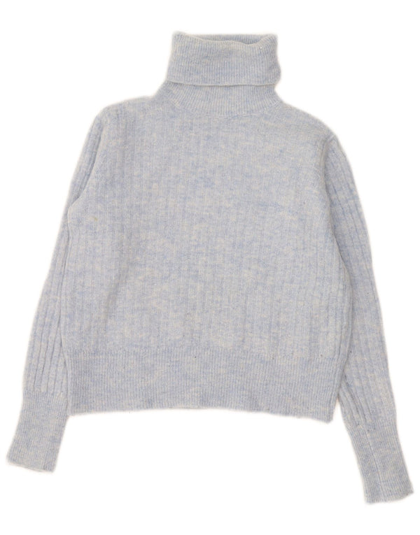 Zara Mujer Crop Roll Neck Jumper Sweater UK 10 Small Azul Jaspeado Nylon