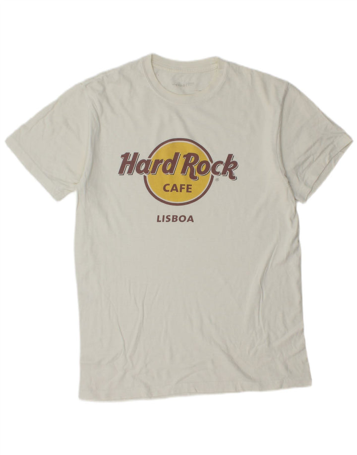 Hard Rock Cafe Mens Lisboa Graphic Camiseta Top Mediano Blanco