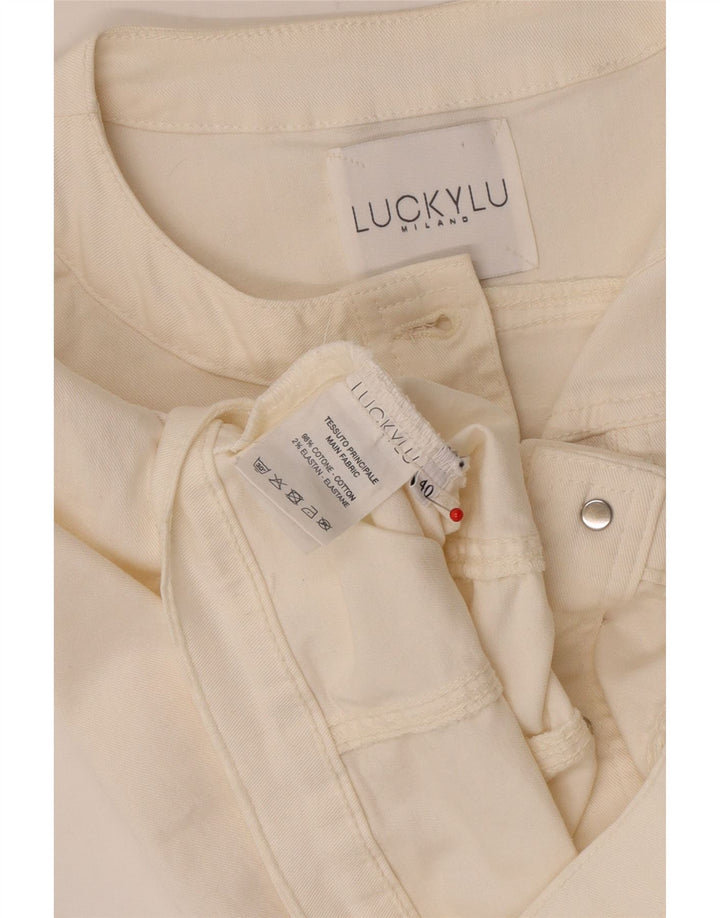 Vintage mujer 3/4 manga crop denim chaqueta IT 40 pequeño algodón blanco