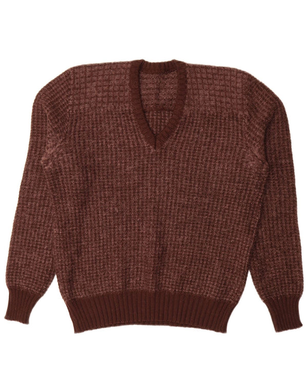 Vintage mujer V-cuello jumper suéter IT 52 2XL marrón geométrico lana virgen