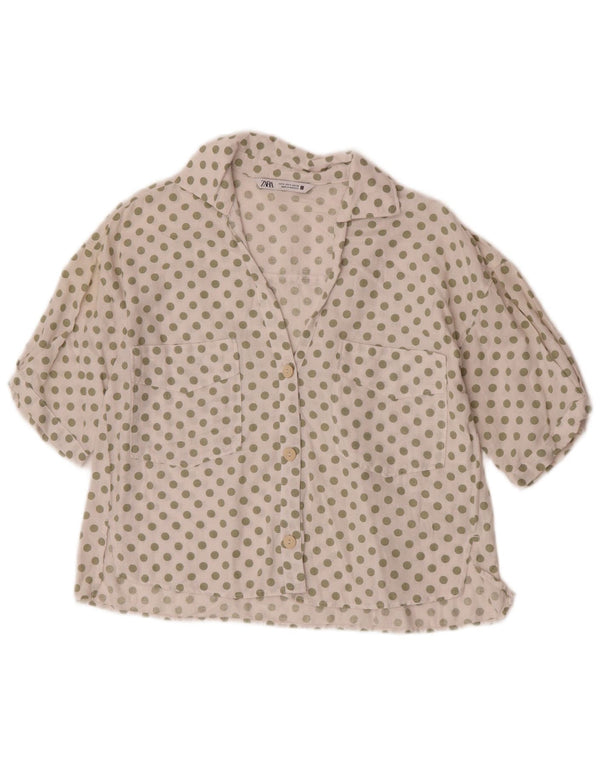 Zara Mujer Camisa Manga Corta UK 10 Small White Lunares Lino