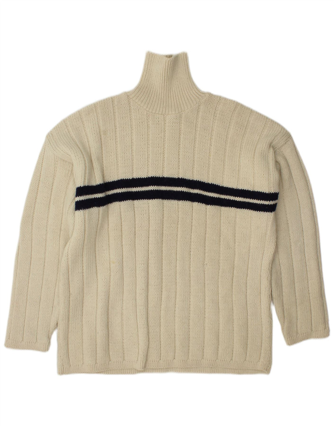 VINTAGE Hombres Turtle Neck Jumper Suéter Grande De Lana A Rayas Blancas