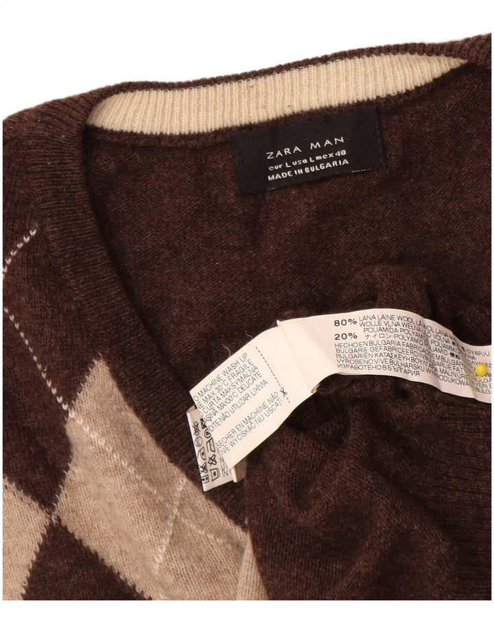 Zara Hombre Jersey Con Cuello En V Jersey Grande Marrón Argyle/Lana Diamante
