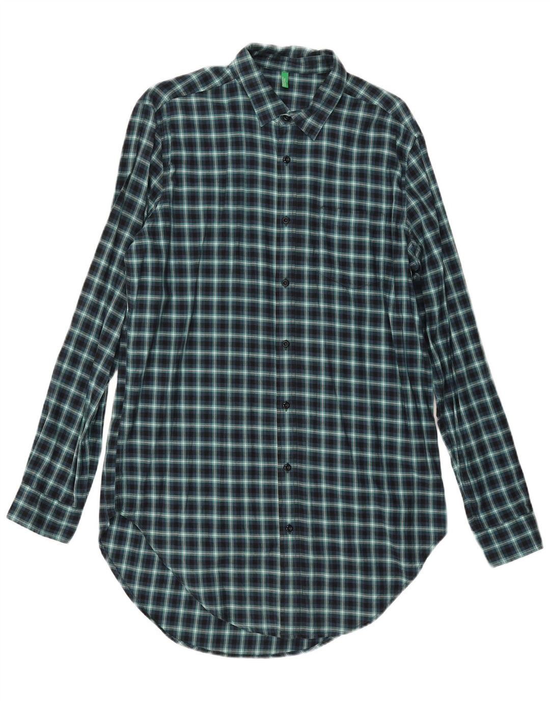 Benetton Hombre Camisa Alta De Franela Grande De Cuadros Vichy Azul Marino