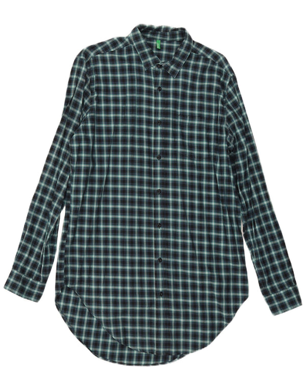 Benetton Hombre Camisa Alta De Franela Grande De Cuadros Vichy Azul Marino