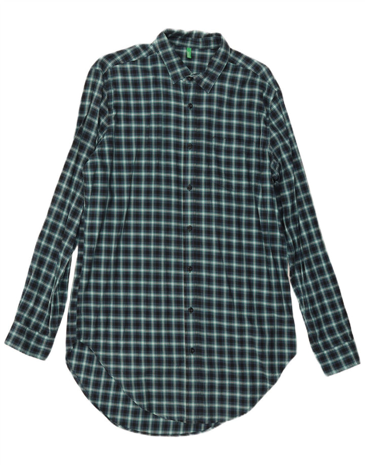 Benetton Hombre Camisa Alta De Franela Grande De Cuadros Vichy Azul Marino