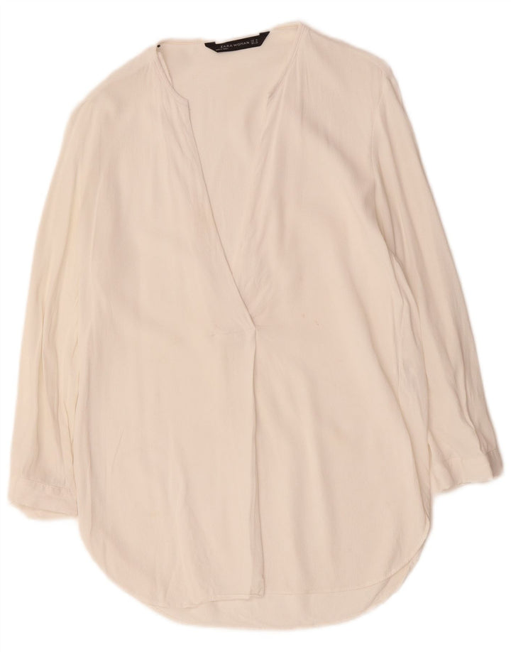 ZARA Mujer Blusa Manga 3/4 Top UK 44 Medio Viscosa Blanca