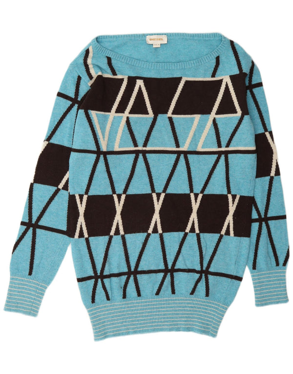 Diesel Jersey con Cuello Barco para Mujer UK 44 Lana Geométrica Azul Medio