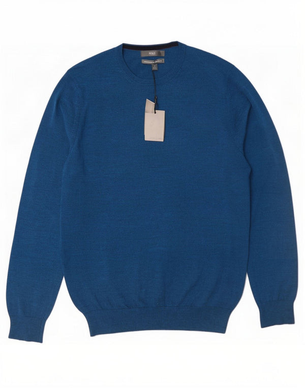 Marks & Spencer Jersey de cuello redondo para hombre de lana merina azul marino mediano