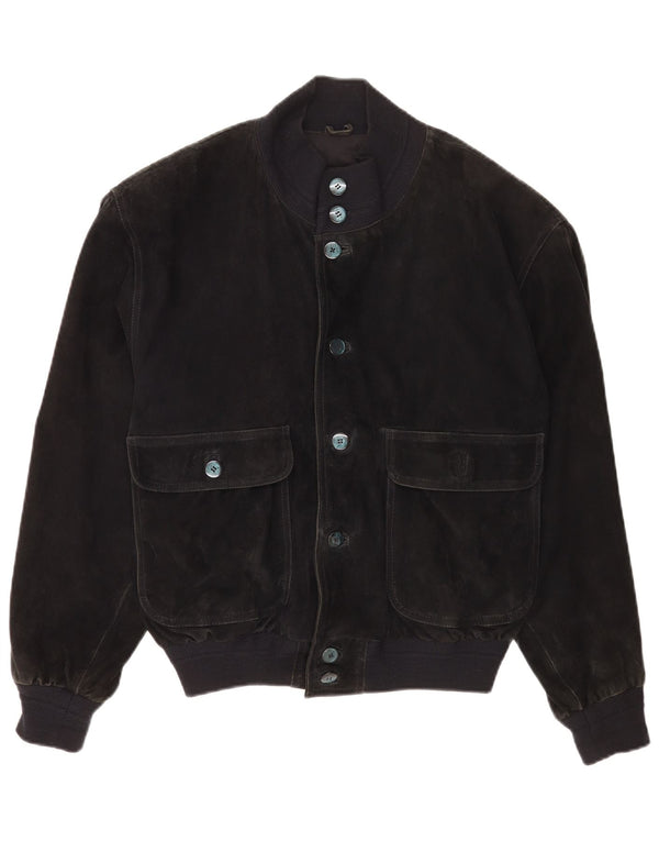 Vintage hombres ante bomber chaqueta IT 48 cuero negro medio