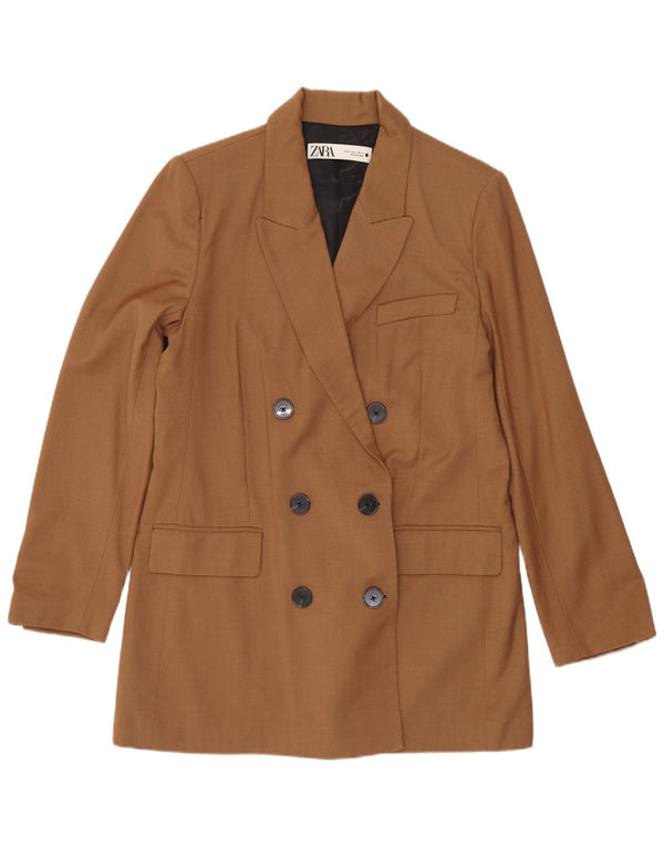 Zara Mujer Chaqueta Blazer Larga De Doble Botonadura UK 42 Marrón Medio
