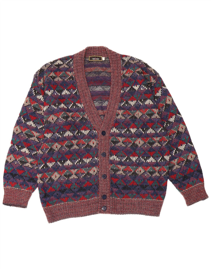 Vintage hombres Cardigan suéter grande multicolor lana geométrica