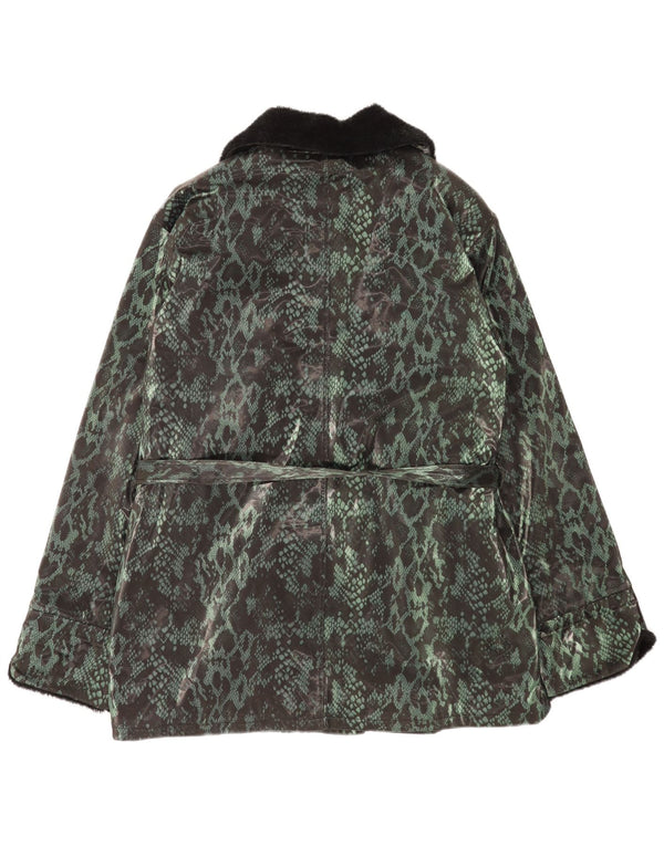 Vintage mujer doble pecho abrigo Reino Unido 18 XL verde animal impresión poliéster