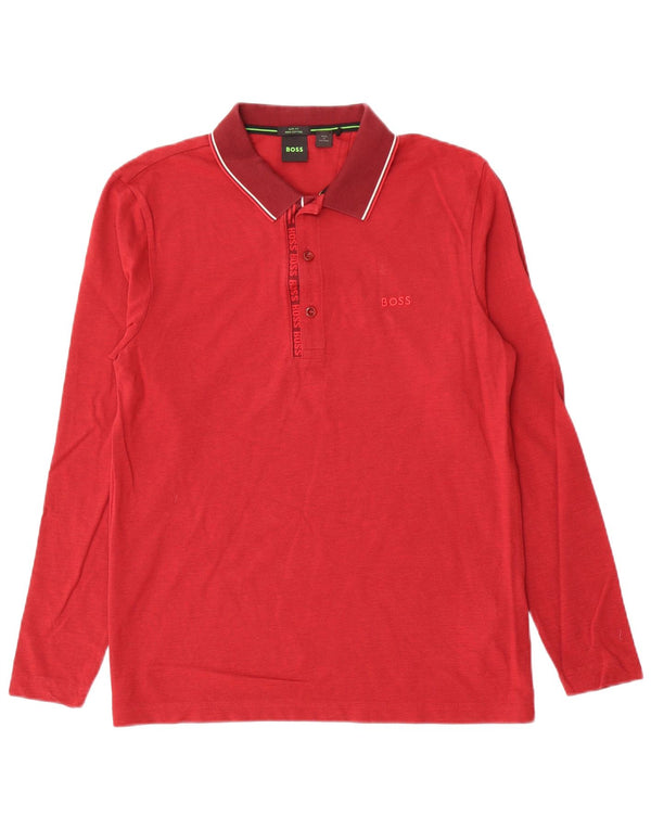 Hugo Boss Polo de manga larga para hombre, corte entallado, algodón rojo grande