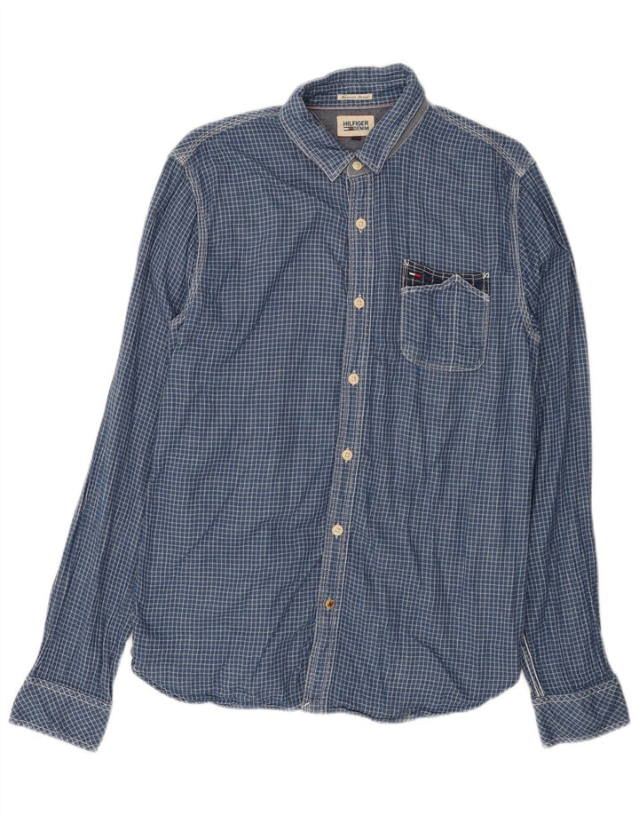 TOMMY HILFIGER Camisa de franela de hombre de algodón a cuadros azul medio