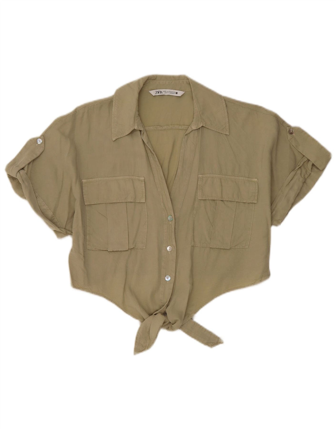 Zara Blusa camisera extragrande con lazo frontal corto para mujer UK 6 XS Caqui