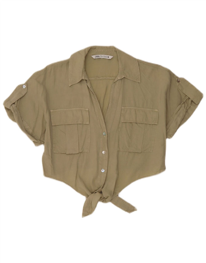 Zara Blusa camisera extragrande con lazo frontal corto para mujer UK 6 XS Caqui