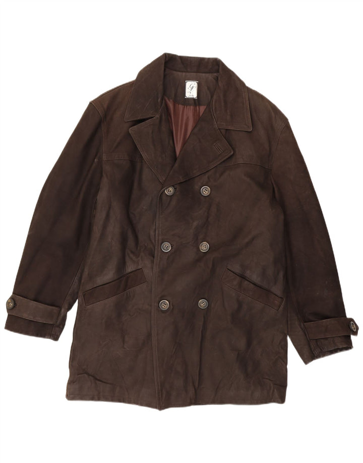 Vintage hombres doble pecho cuero abrigo IT 54 2XL cuero marrón