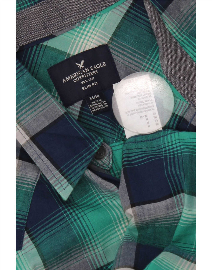 American Eagle Outfitters Camisa ajustada para hombre de algodón a cuadros azul marino mediano