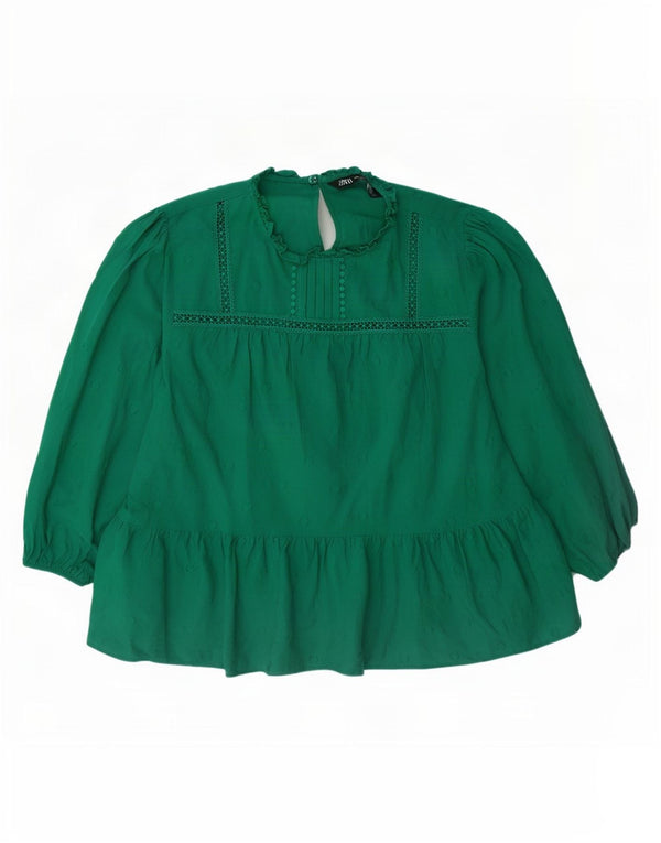 Zara Mujer Blusa Manga Larga Top UK 40 XL Algodón Manchado Verde