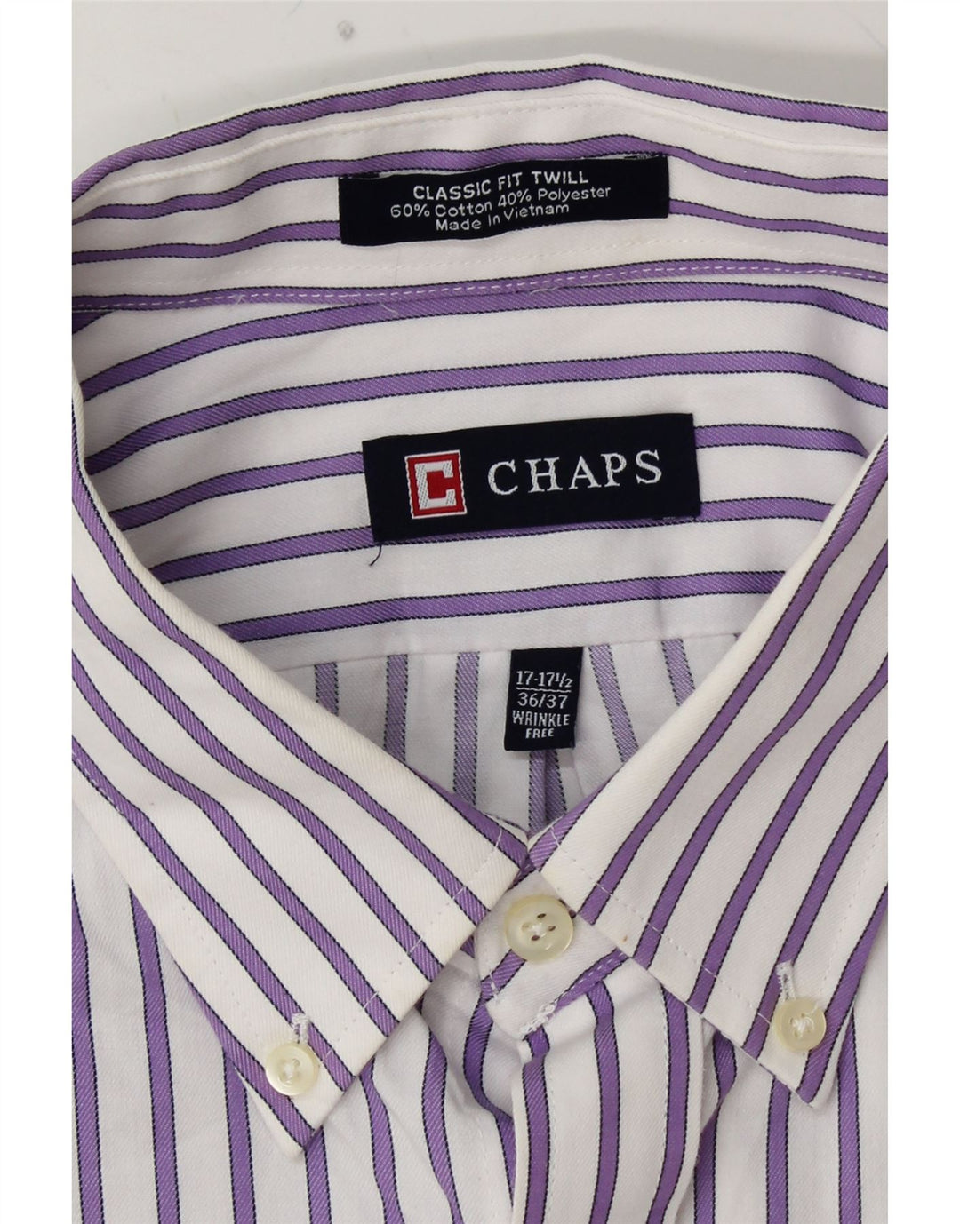CHAPS Camisa de corte clásico para hombre Talla 17 17 1/2 XL Algodón a rayas moradas