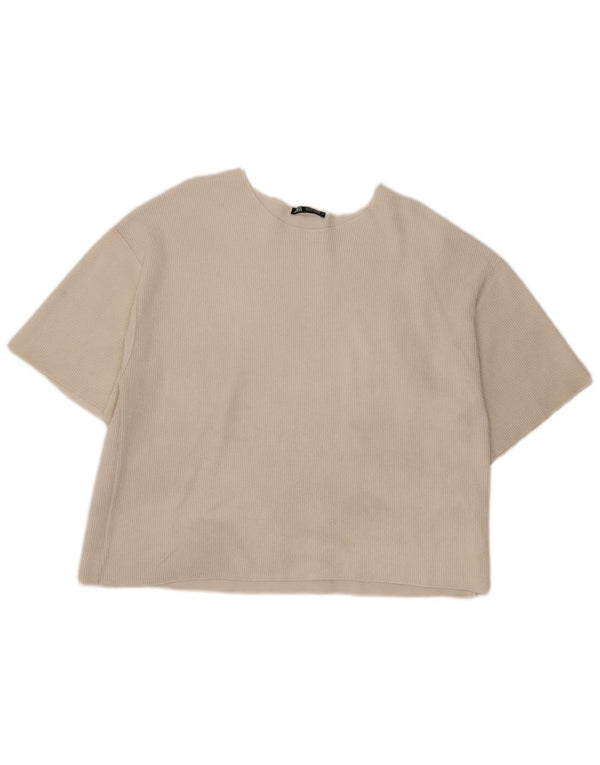 Zara Mujer Camiseta Corta Top UK 46 Grande Poliéster Blanco Roto