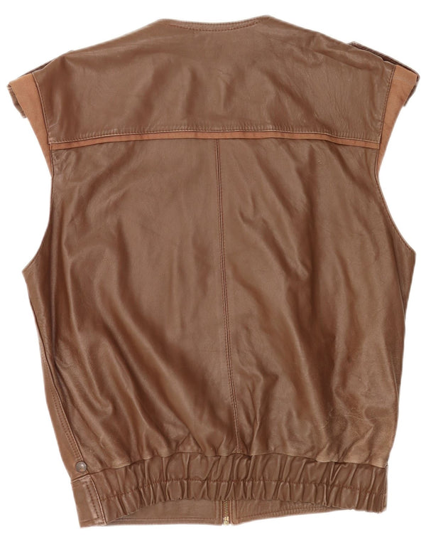 Vintage hombres militar suelto ajuste cuero gilet IT 46 pequeño marrón