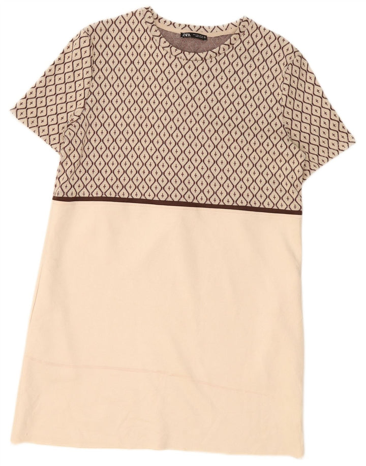Zara Vestido recto para mujer UK 46 Poliéster geométrico beige grande
