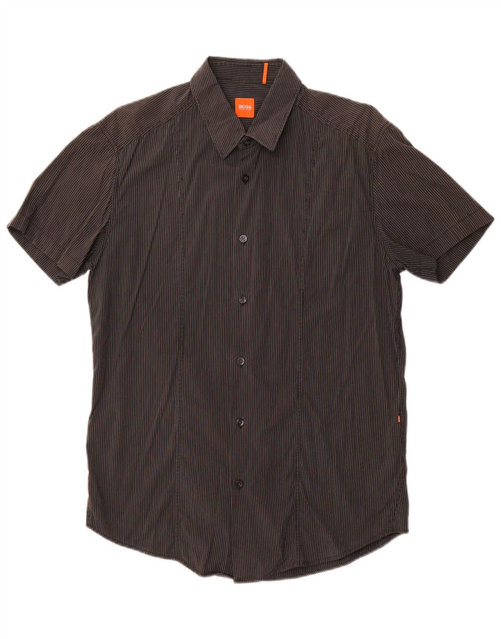 HUGO BOSS Camisa de manga corta para hombre de algodón gris con rayas diplomáticas grandes