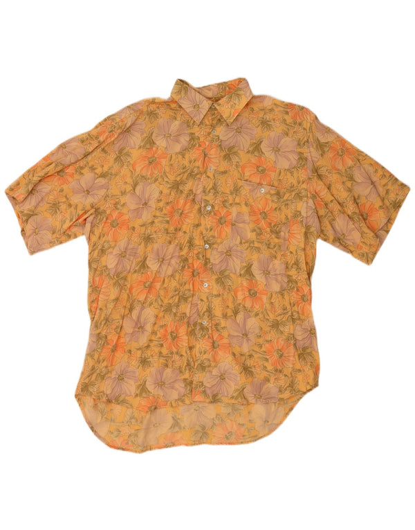 Vintage hombres camisa de manga corta gran naranja floral viscosa