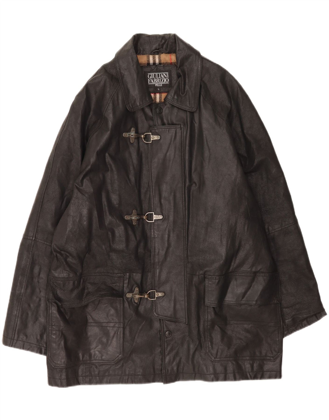 Giulia Galanti Chaqueta de cuero tipo trenca para hombre Reino Unido 40 Grande Cuero negro