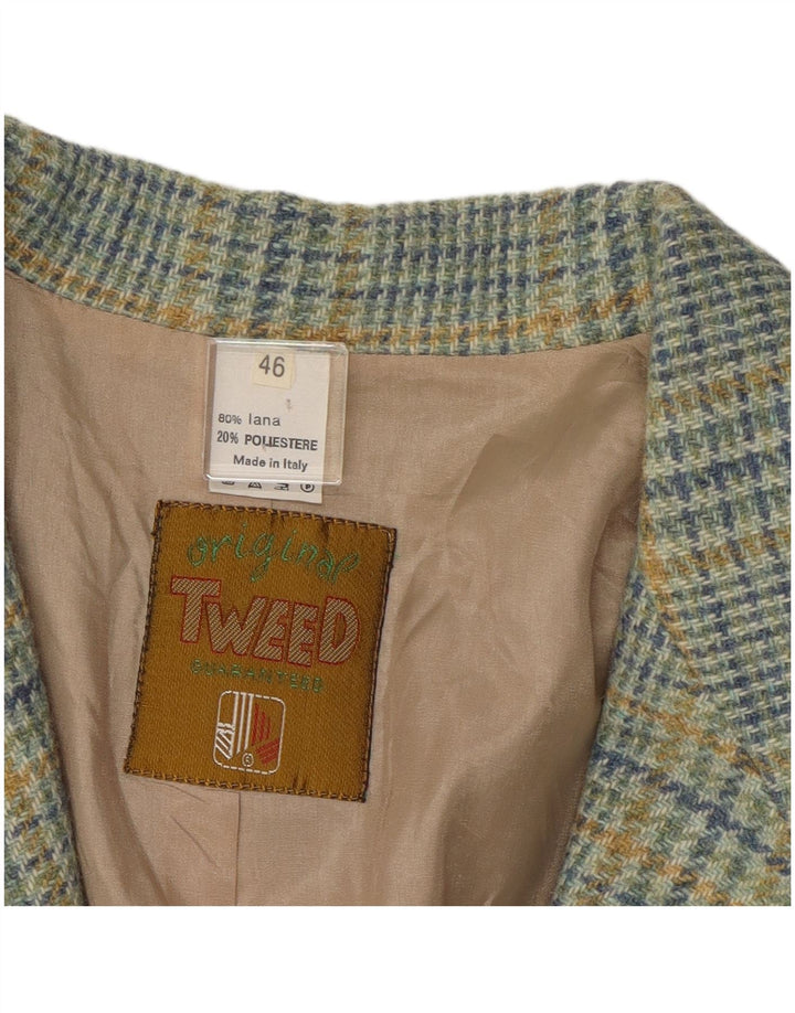 Vintage mujer 2 botones Blazer chaqueta IT 46 lana de cuadros azul grande