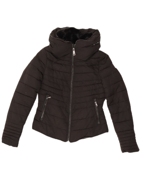 Zara Mujer Chaqueta Acolchada Con Capucha UK 6 XS Poliéster Negro