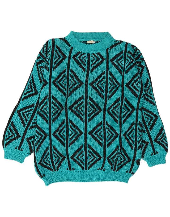 Vintage hombres tortuga cuello jumper suéter grande turquesa lana geométrica