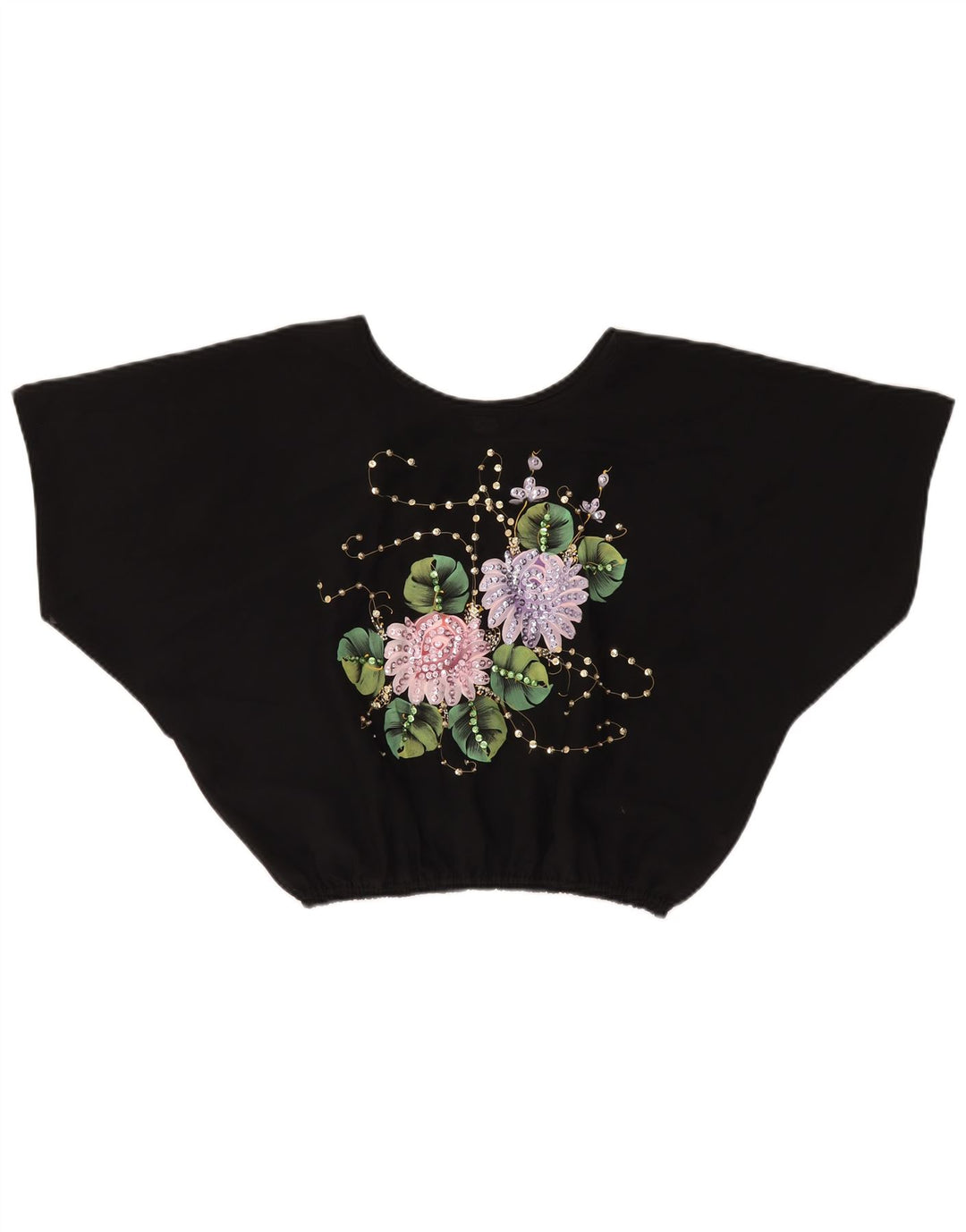 VINTAGE Mujer Crop Batwing Blusa Top UK 18 XL Poliéster floral negro