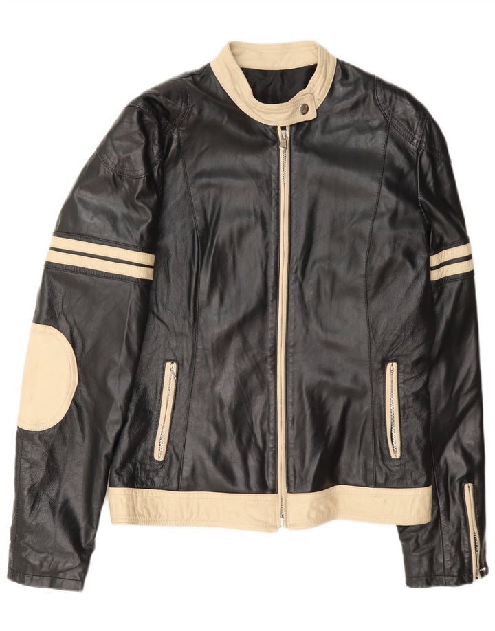 Chaqueta de cuero vintage para mujer IT 48 XL Bloque de color negro