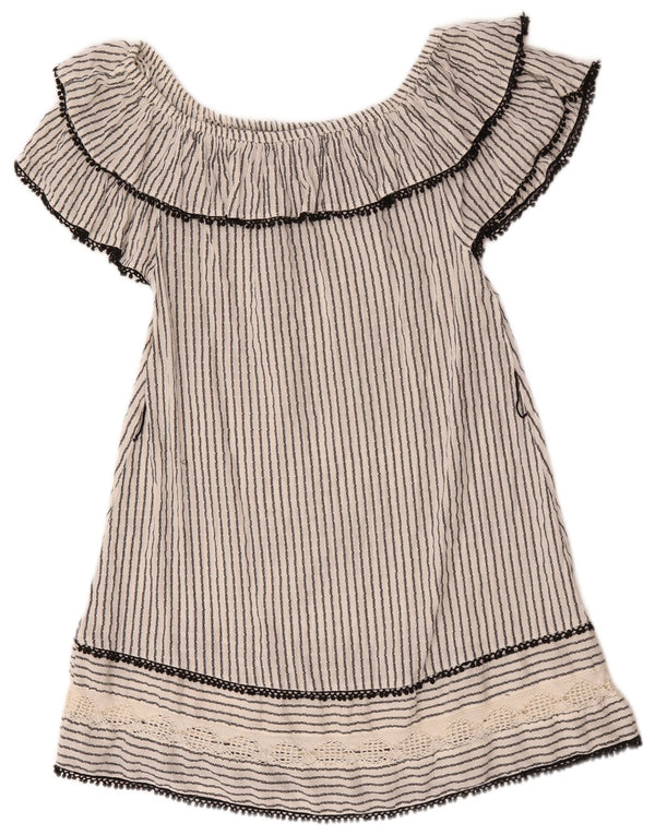 Zara Vestido Corto con Hombros Descubiertos para Mujer UK 40 Pequeño Algodón A Rayas Blanco
