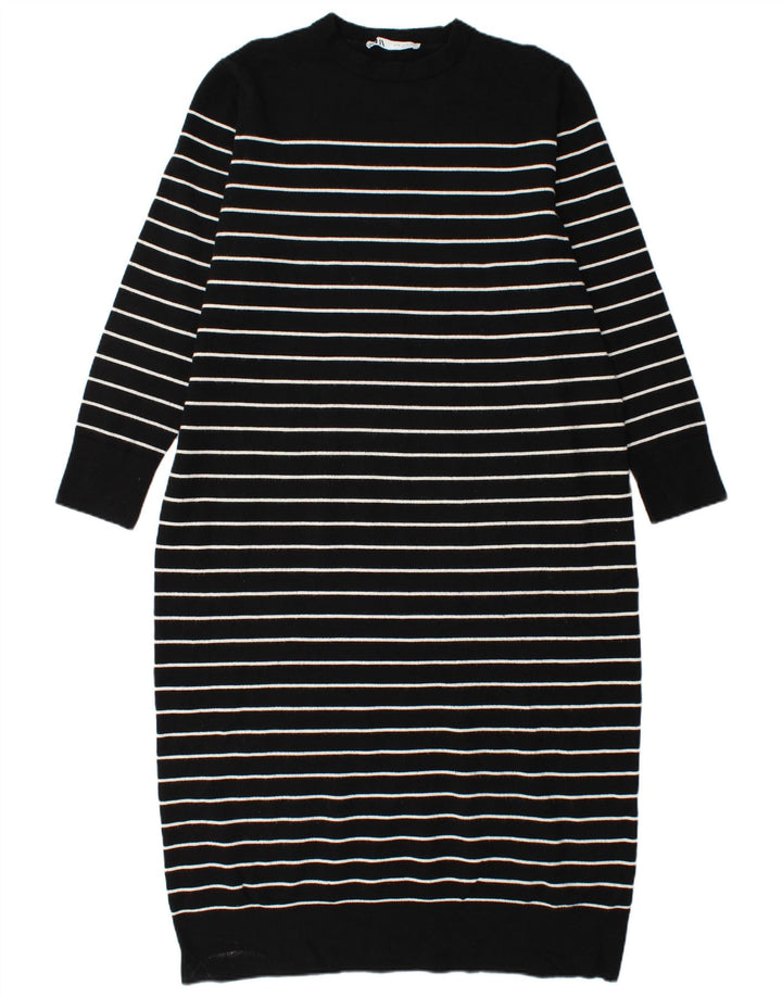 ZARA Mujer Vestido Jersey Manga Larga ES 40 XL Viscosa Rayas Negro