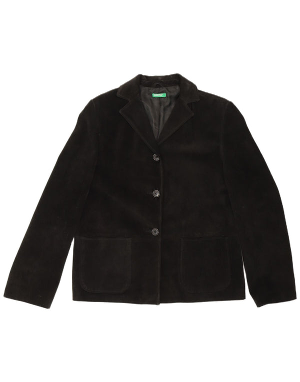 BENETTON Chaqueta tipo blazer de ante con 3 botones para mujer IT 44 Cuero negro mediano