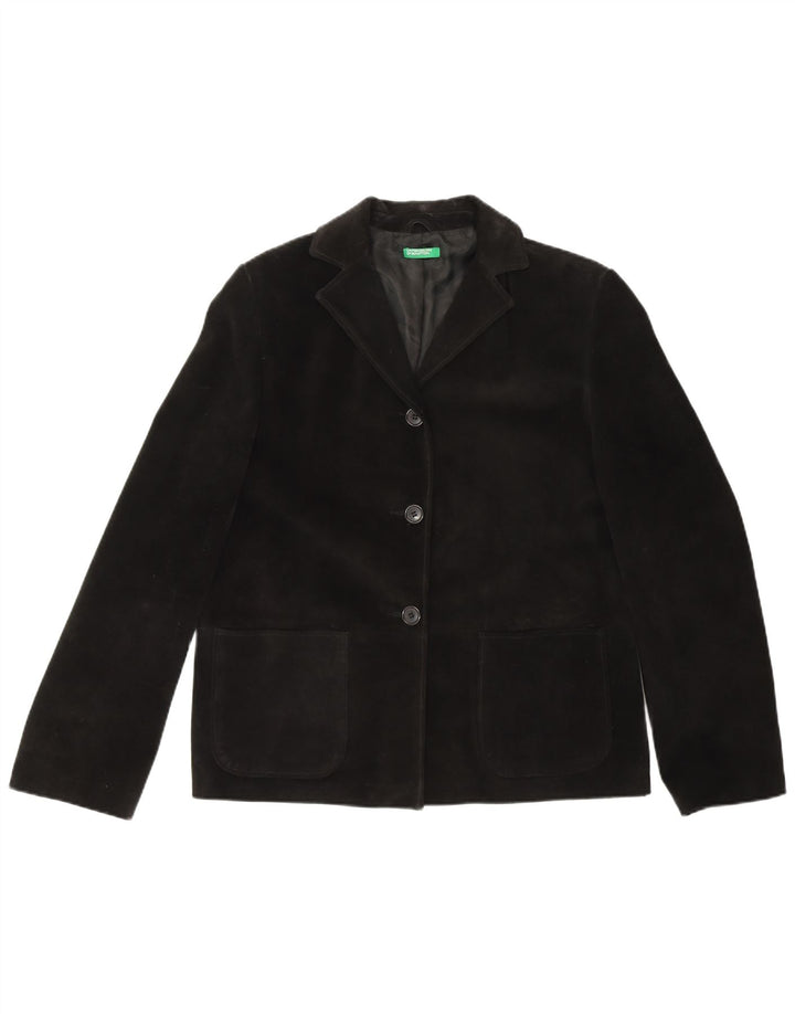 BENETTON Chaqueta tipo blazer de ante con 3 botones para mujer IT 44 Cuero negro mediano