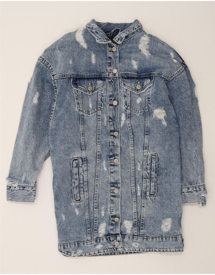 Zara Mujer Abrigo De Mezclilla Sherpa Desgastado De Gran Tamaño UK 40 Small Azul