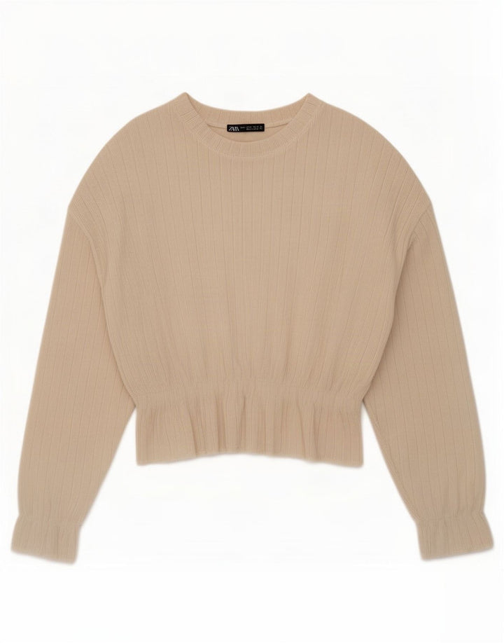 Zara Mujer Blusa De Ajuste Relajado Top UK 10 Small Beige Poliéster