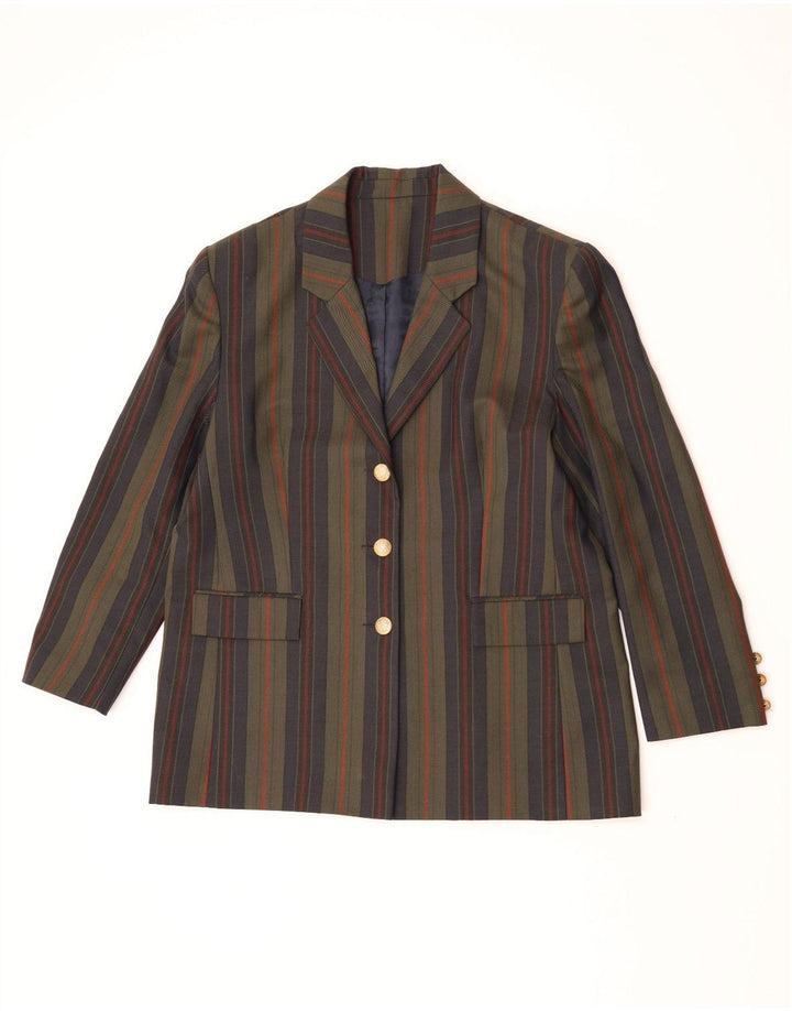 Vintage mujer 3 botones Blazer chaqueta Reino Unido 18 XL lana a rayas caqui