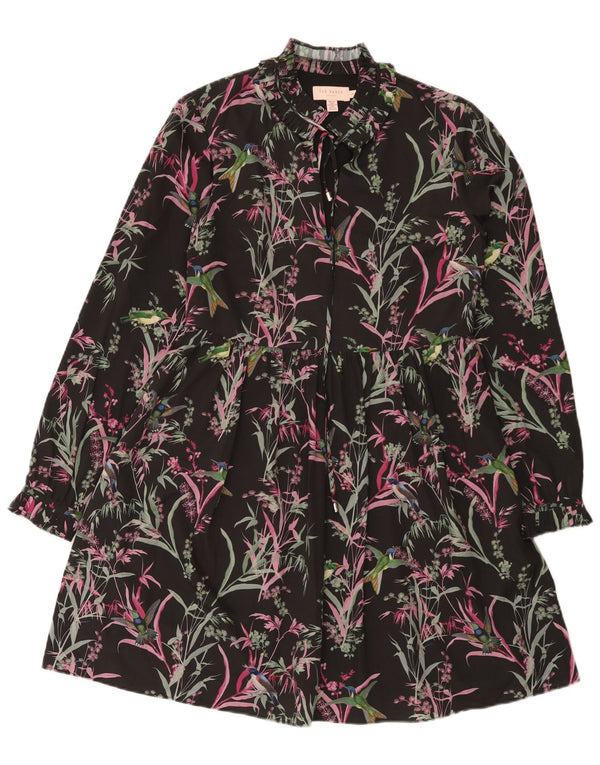 Ted Baker Vestido escalonado de manga larga para mujer Talla 1 XS Negro Floral Bohemio